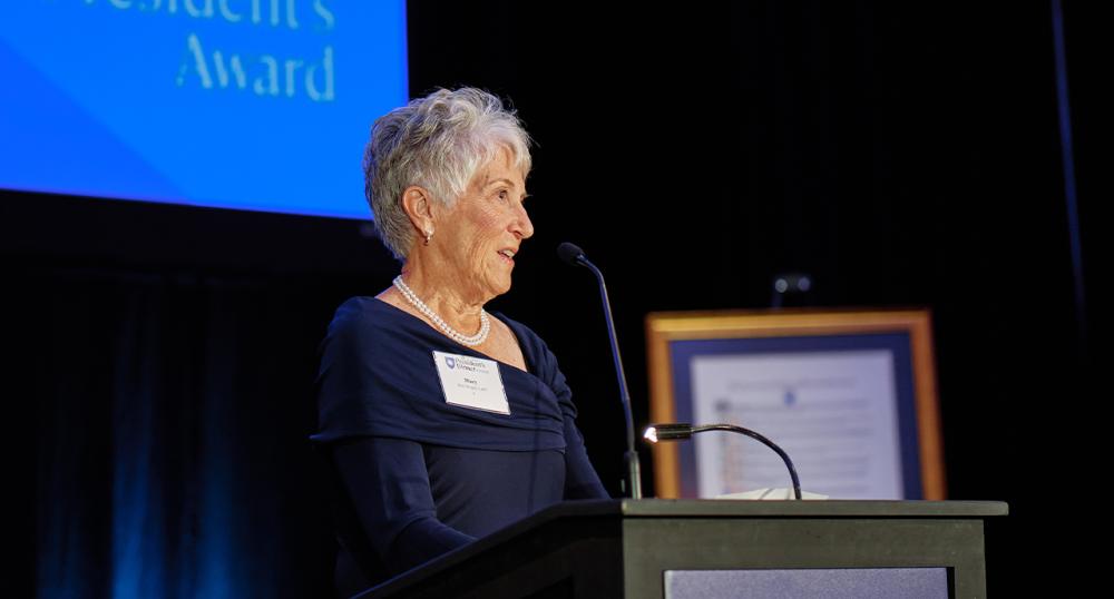 Mary Wright speaking at award ceremony