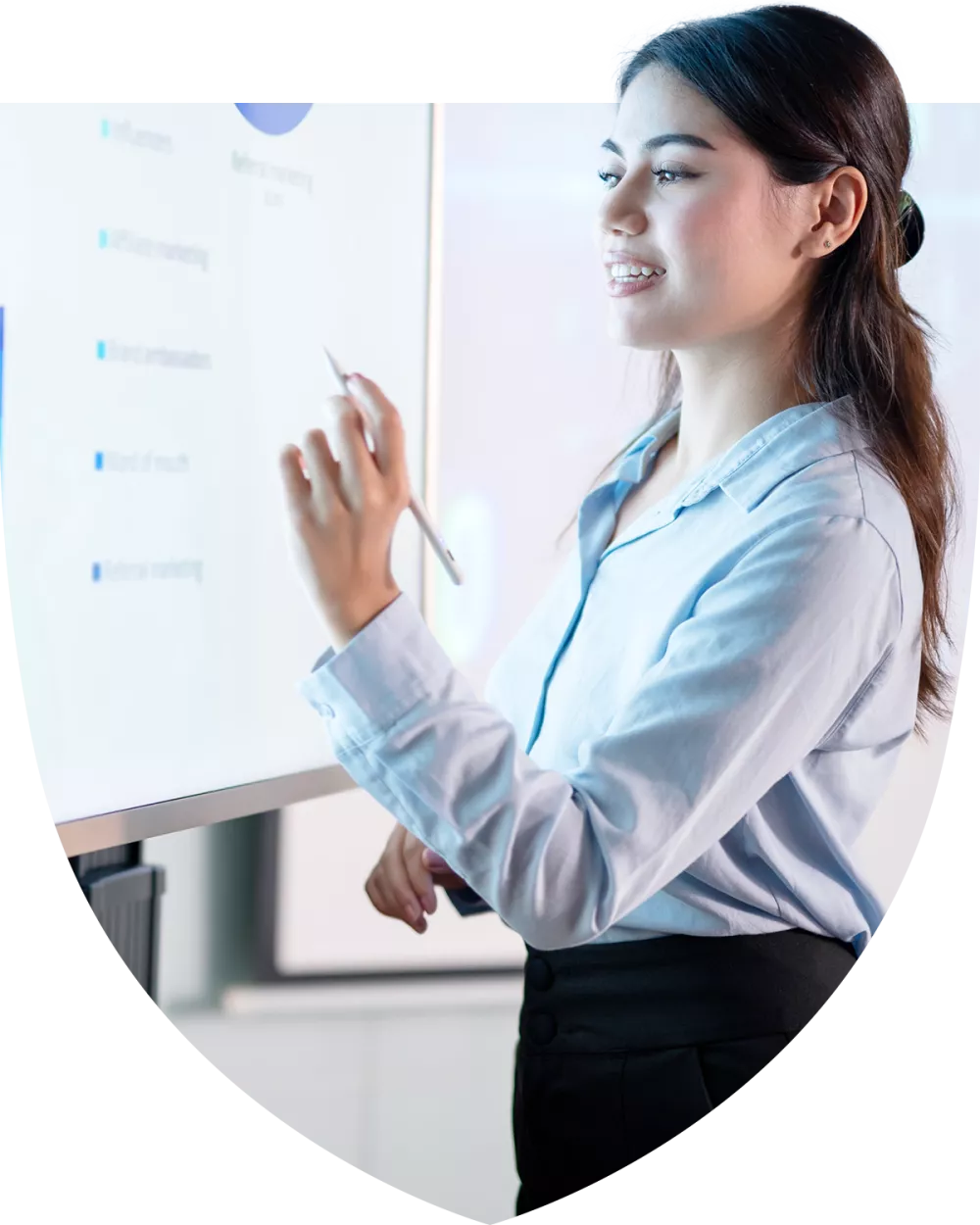 Businesswoman writing notes on a white board